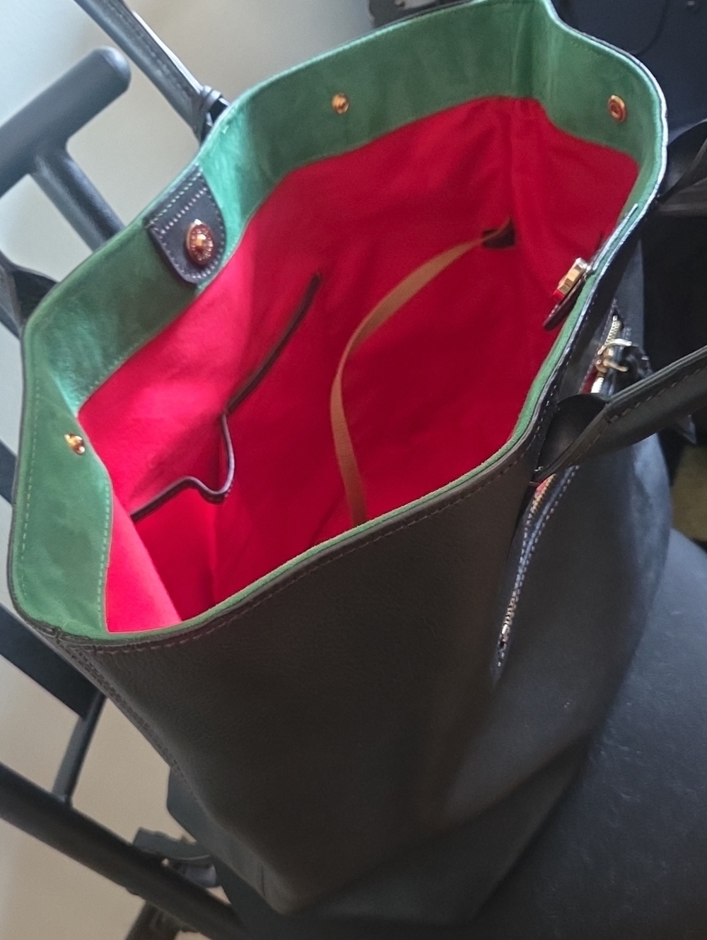 Black Tote Bag with Red Interior and Green Trim